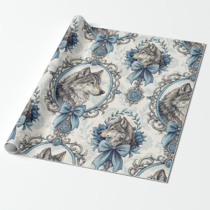 Winter Wolf Portrait in Ornate Blue & Grey Frame Wrapping Paper