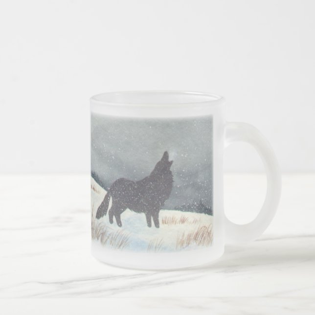Winter Wolf Silhouette Frosted Glass Coffee Mug (Right)