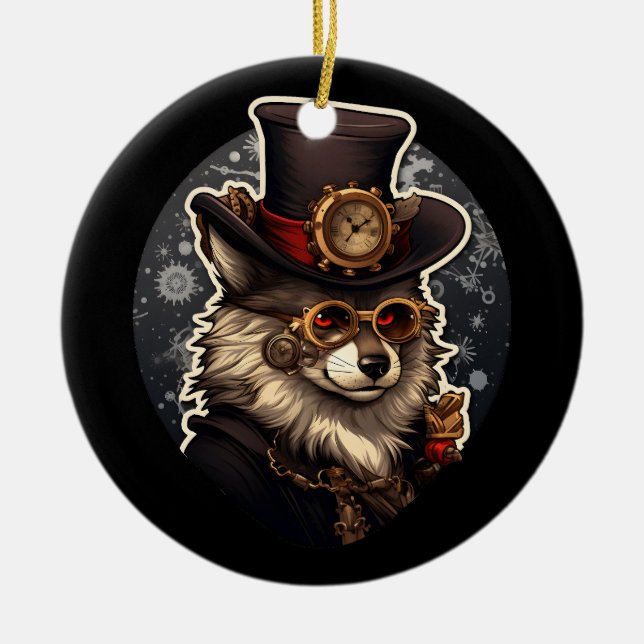 Winter wolf steampunk ceramic tree decoration (Front)