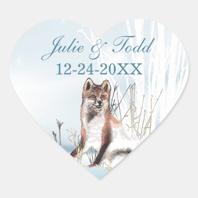 Winter Wolf Wedding Save The Date Heart Sticker (Front)