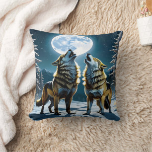 Winter Wolves Howling Under Full Moonlight Cushion