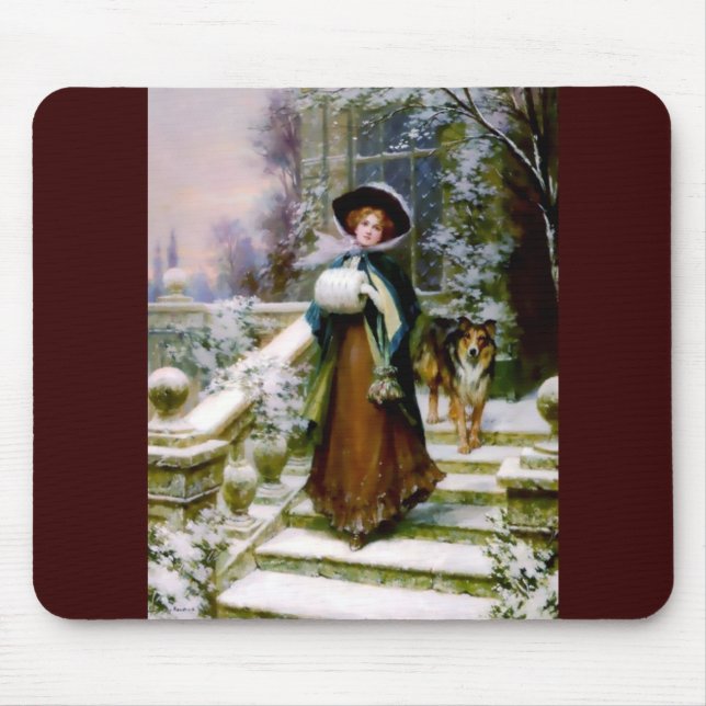 Winter Woman Collie Dog Victorian Hand Muff Mouse Mat (Front)