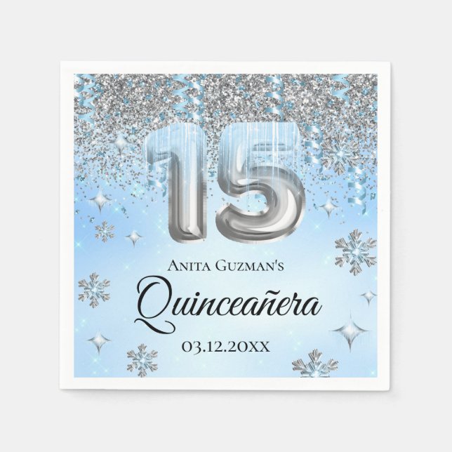 Winter Wonderland 15 Balloons Quinceanera Napkin (Front)
