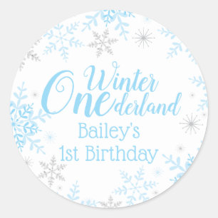 Winter Wonderland 1st Birthday Blue Silver Glitter Classic Round Sticker