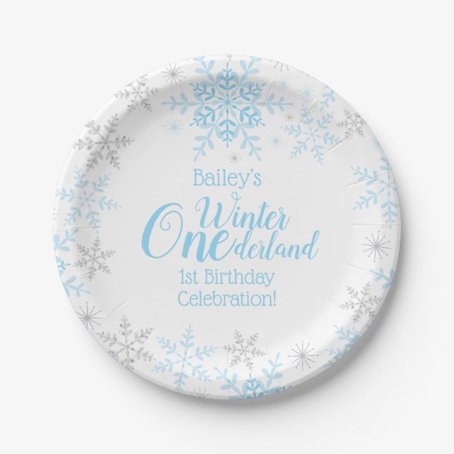 Winter Wonderland 1st Birthday Blue Snowflakes Paper Plate (Front)