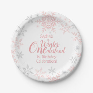 Winter Wonderland 1st Birthday Pink Snowflakes Paper Plate