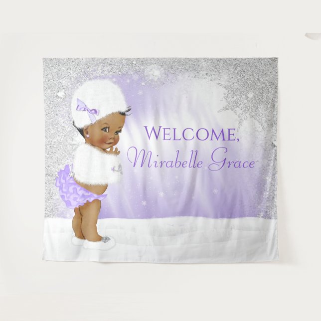 Winter Wonderland Afro Girl Baby Shower Backdrop Tapestry (Front (Horizontal))