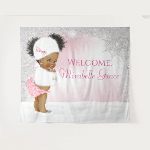Winter Wonderland Afro Girl Baby Shower Backdrop Tapestry