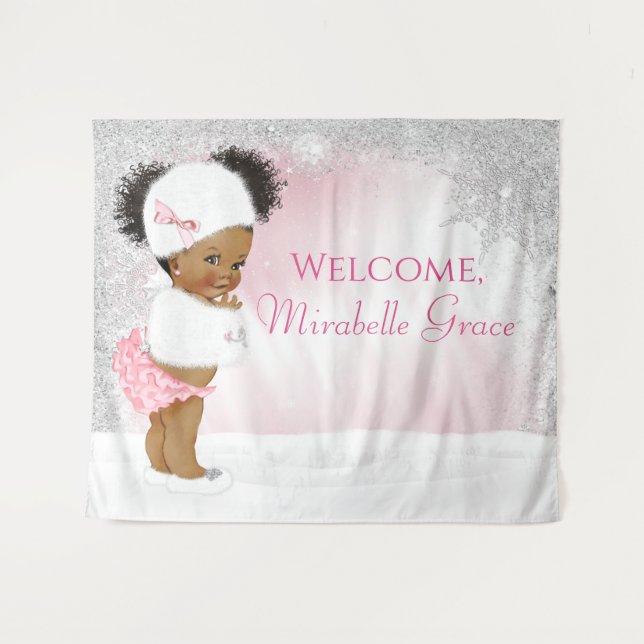 Winter Wonderland Afro Girl Baby Shower Backdrop Tapestry (Front (Horizontal))