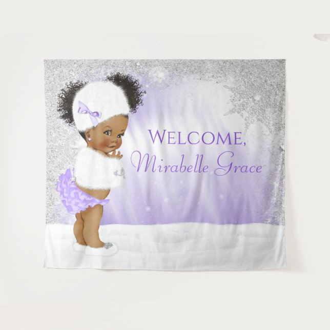 Winter Wonderland Afro Girl Baby Shower Backdrop Tapestry (Front (Horizontal))