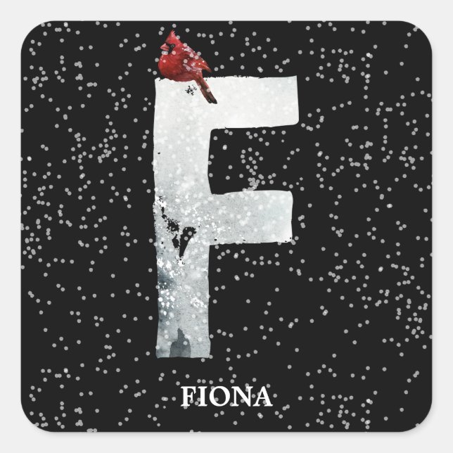 Winter Wonderland Alphabet F Monogram | Red Bird Square Sticker (Front)