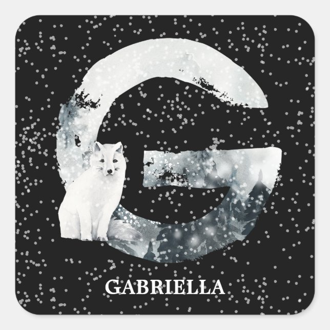 Winter Wonderland Alphabet G Monogram | Snow Wolf Square Sticker (Front)