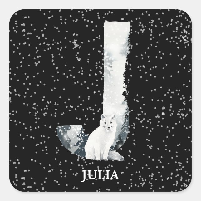 Winter Wonderland Alphabet J Monogram | Snow Wolf Square Sticker (Front)