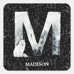 Winter Wonderland Alphabet M Monogram   Snow Wolf Square Sticker