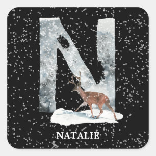 Winter Wonderland Alphabet N Monogram   Reindeer Square Sticker