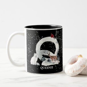 Winter Wonderland Alphabet Q Monogram   Snow Wolf Two-Tone Coffee Mug