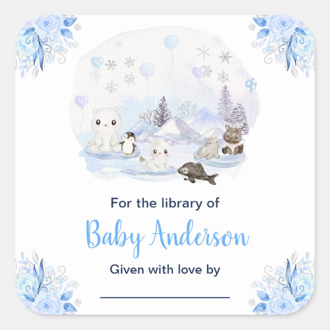 Winter Wonderland Animals Baby Shower Bookplate Square Sticker (Front)