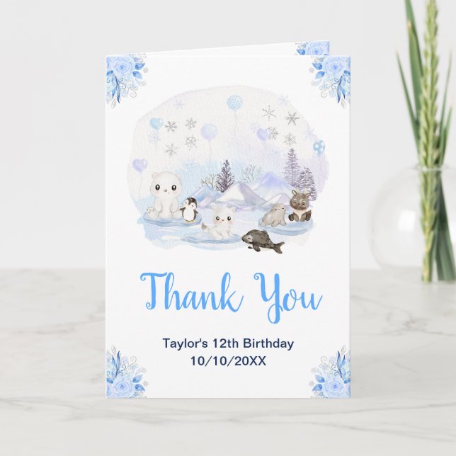 Winter Wonderland Animals Birthday Party Thank You Card (Front)