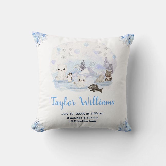 Winter Wonderland Arctic Animals Birth Statistics Cushion (Front)
