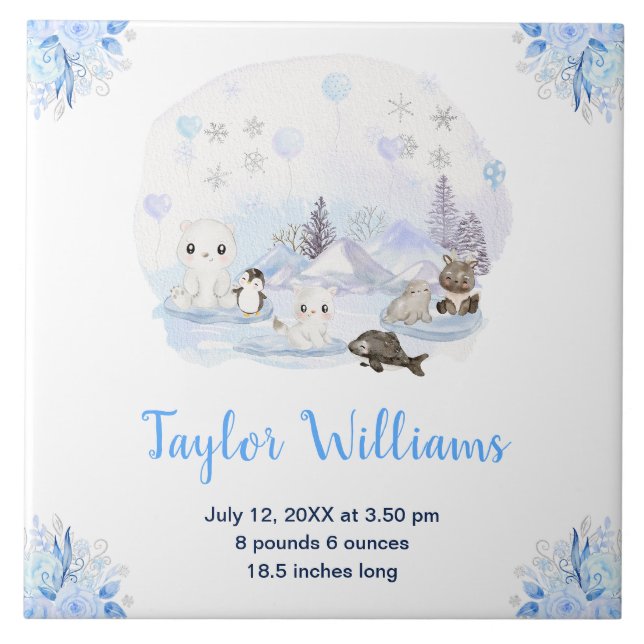 Winter Wonderland Arctic Animals Birth Statistics Tile (Front)