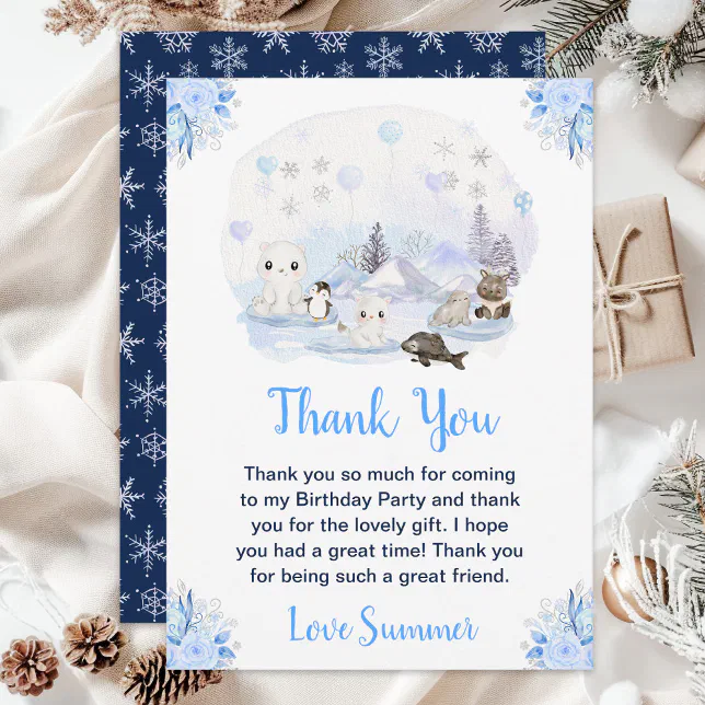 Winter Wonderland Arctic Animals Birthday Party Thank You Card | Zazzle