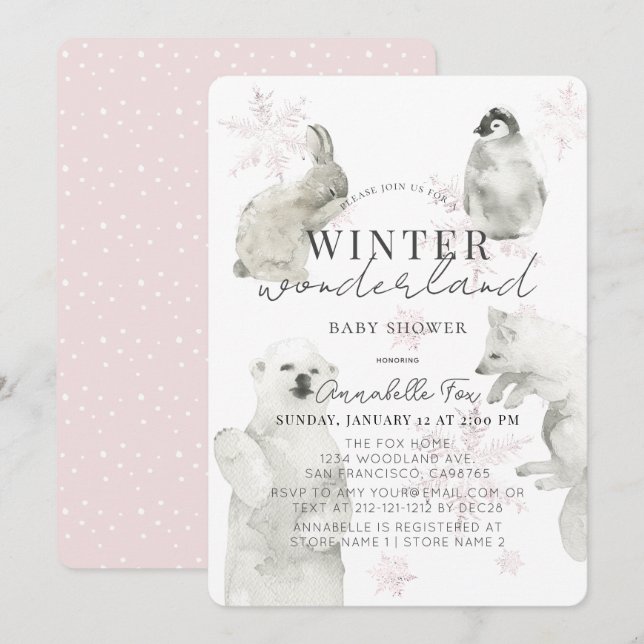 Winter Wonderland Arctic Animals Girl Baby Shower Invitation (Front/Back)