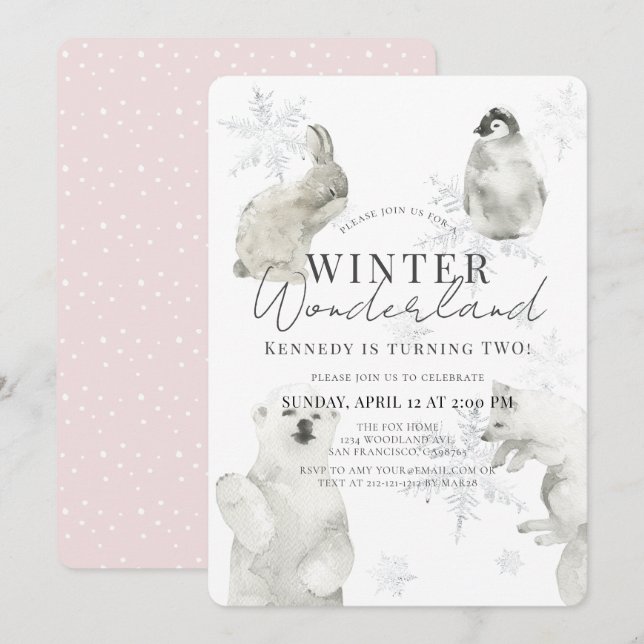Winter Wonderland Arctic Animals Girl Birthday Invitation (Front/Back)