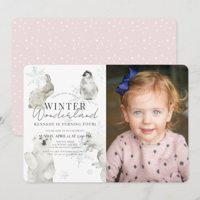 Winter Wonderland Arctic Animals Girl Birthday Invitation (Front/Back)