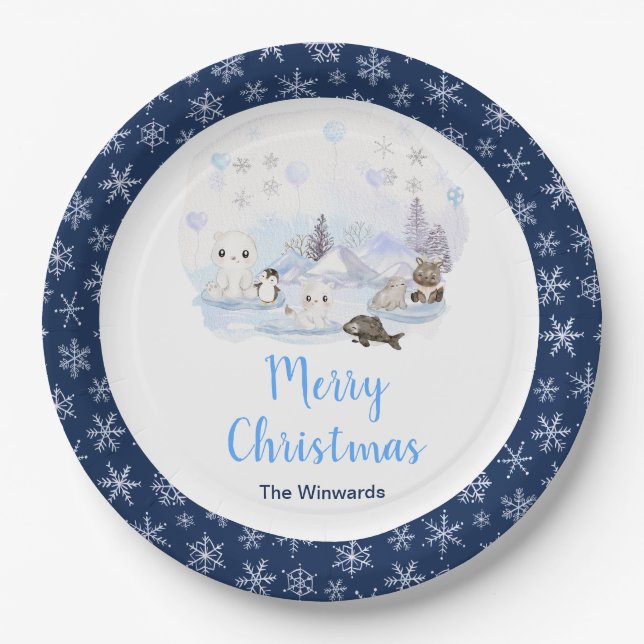 Winter Wonderland Arctic Animals Merry Christmas Paper Plate (Front)