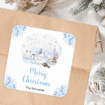 Winter Wonderland Arctic Animals Merry Christmas Square Sticker<br><div class="desc">This cute and whimsical sticker can be personalised with your family name. It features a watercolor winter wonderland scene with adorable arctic animals, such as a polar bear, penguin, cat, whale, seal and a moose. In the background are snow capped mountains, ice caps and trees. The text combines handwritten script...</div>