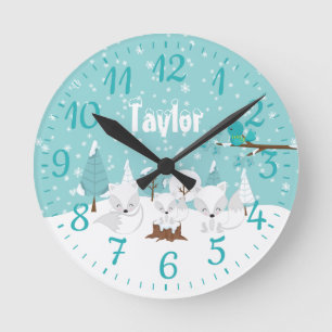 Winter Wonderland Arctic Foxes Round Clock