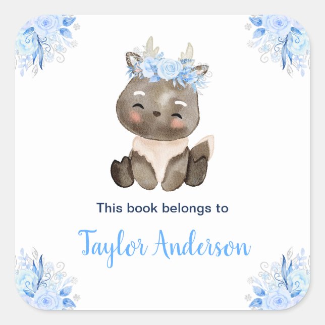 Winter Wonderland Arctic Moose Kids Bookplate Square Sticker (Front)