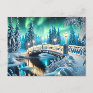 Winter Wonderland Aurora: Snowy Bridge Art Postcard