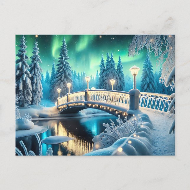 Winter Wonderland Aurora: Snowy Bridge Art Postcard (Front)