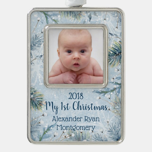 Winter Wonderland Baby First Christmas Photo Silver Plated Framed Ornament (Front)