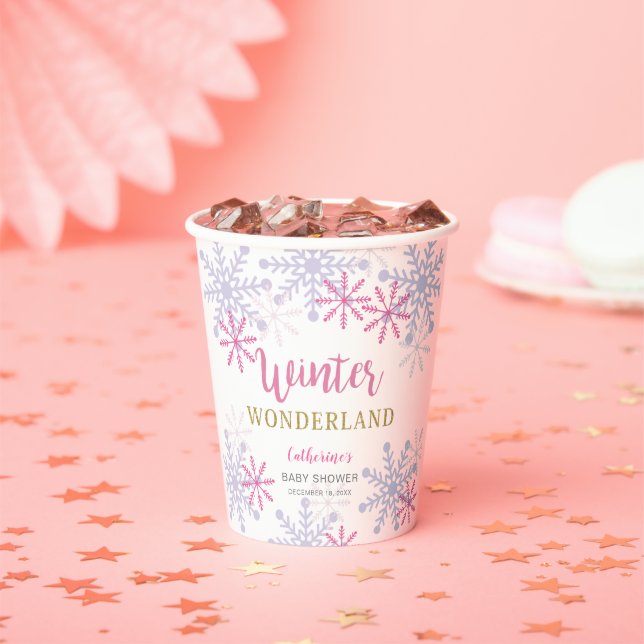 Winter Wonderland Baby Shower Cute Pink Snowflakes Paper Cups (Insitu)
