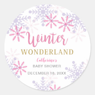 Winter Wonderland Baby Shower Snowflakes Girl Pink Classic Round Sticker