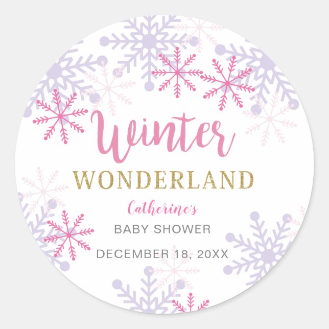 Winter Wonderland Baby Shower Snowflakes Girl Pink Classic Round Sticker (Front)