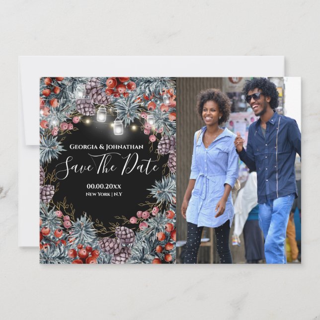 Winter wonderland berry holiday photo wreath black save the date (Front)