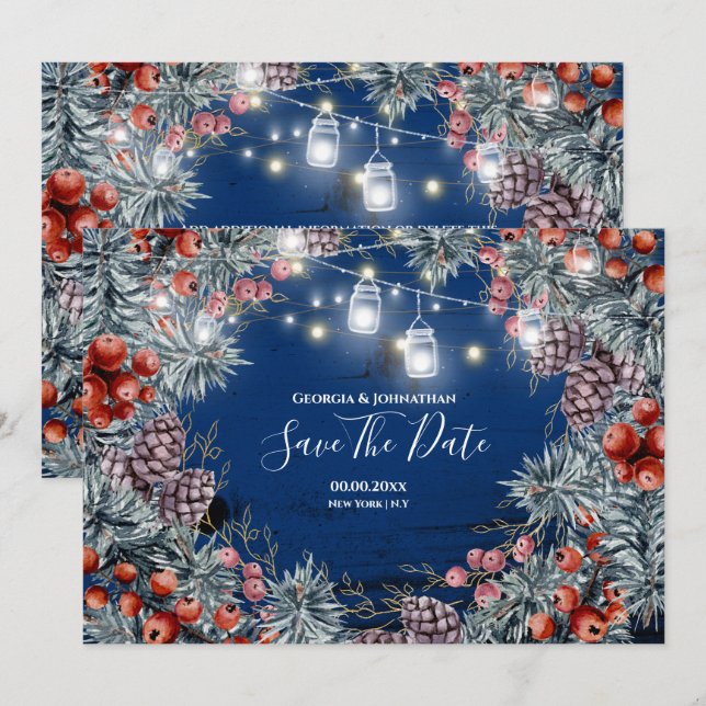 Winter wonderland berry wreath holiday lights save the date (Front/Back)