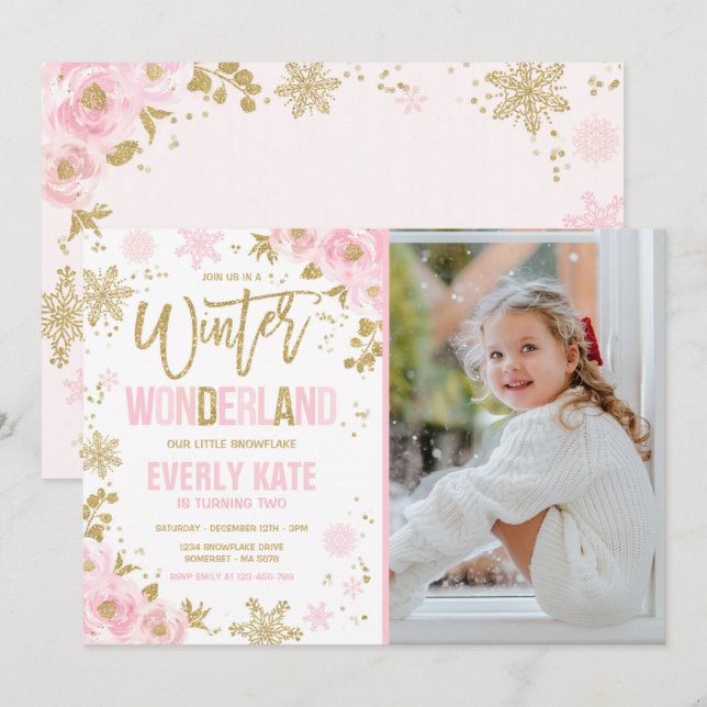 Winter Wonderland Birthday Gold Pink Snowflake Invitation (Front/Back)