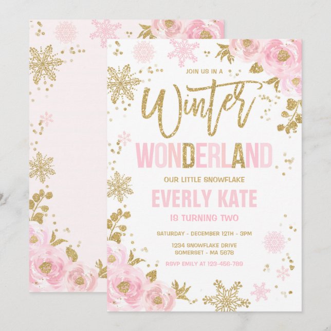 Winter Wonderland Birthday Gold Pink Snowflake Invitation (Front/Back)