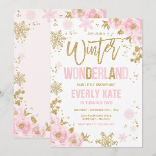 Winter Wonderland Birthday Gold Pink Snowflake Invitation