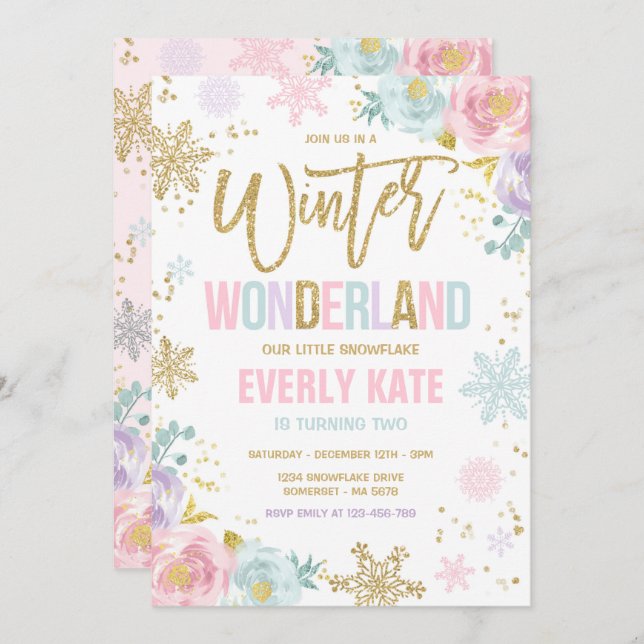 Winter Wonderland Birthday Gold Pink Snowflake Invitation (Front/Back)