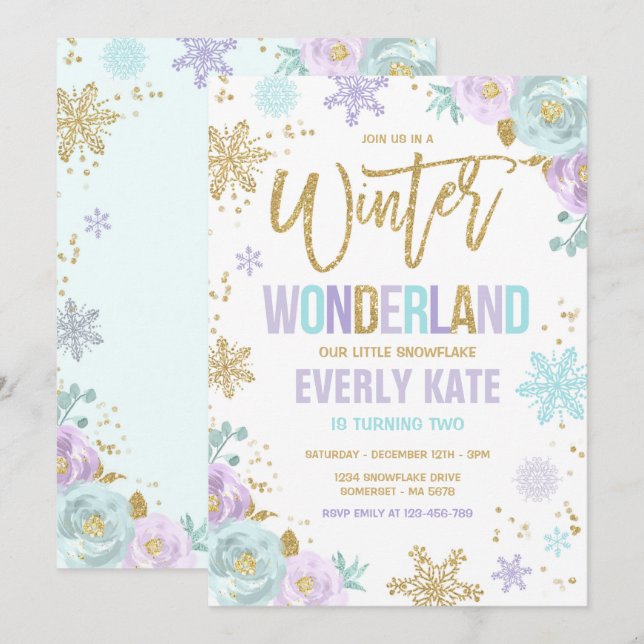 Winter Wonderland Birthday Gold Purple Snowflake Invitation (Front/Back)