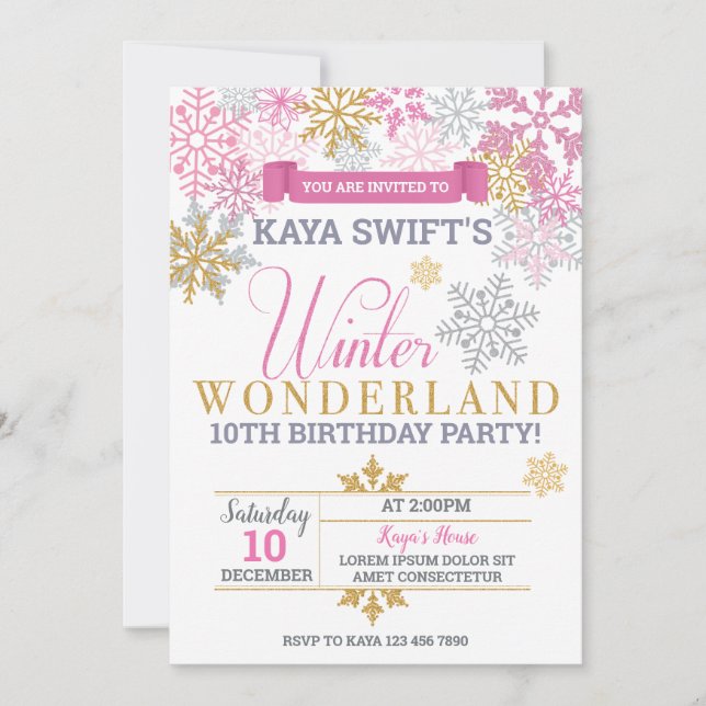 Winter Wonderland Birthday Invitation Pink & Gold (Front)