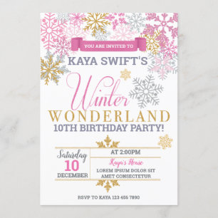 Winter Wonderland Birthday Invitation Pink & Gold