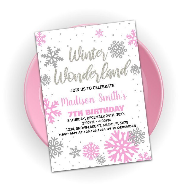 Winter Wonderland Birthday Invitations Pink White (Winter Wonderland Birthday Invitations Pink White)
