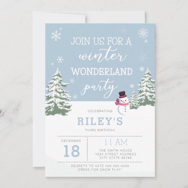 winter wonderland birthday party invitation (Front)