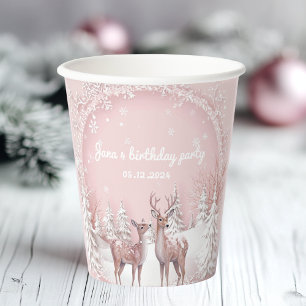 Winter Wonderland Birthday Pink and Deer Paper Cups